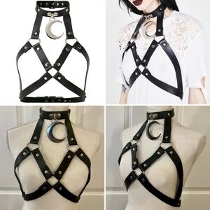 Killstar “Eternal Eclipse” Crescent Moon Silver & Black Vegan Leather Harness OS
